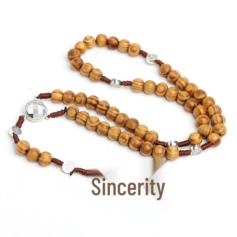 Cross Rosary Necklace with Handmade Knotted 9x10 Wooden Beads in Coffee Color