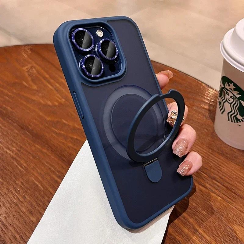 Mat Halka Tutucu Cam Lens Telefon Kılıfı iPhone 15 14 13 12 11 Pro Max Plus Magsafe Kablosuz Manyetik Sert Tampon Kapak