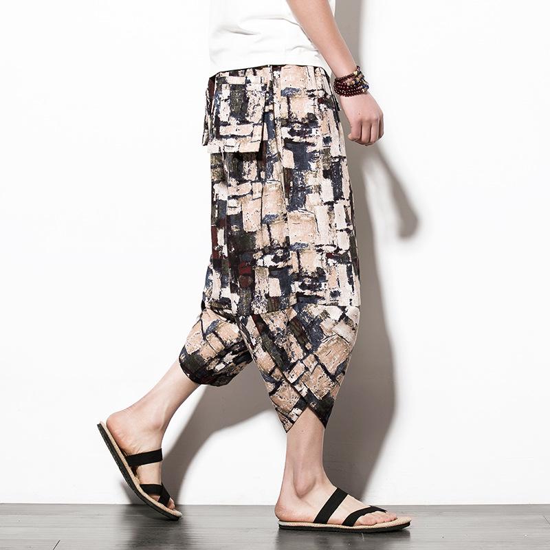Men's Multicolor Thai Wide-Leg Bloomers - Cotton & Linen Beach Pants, Chinese Style, Spring/Summer.