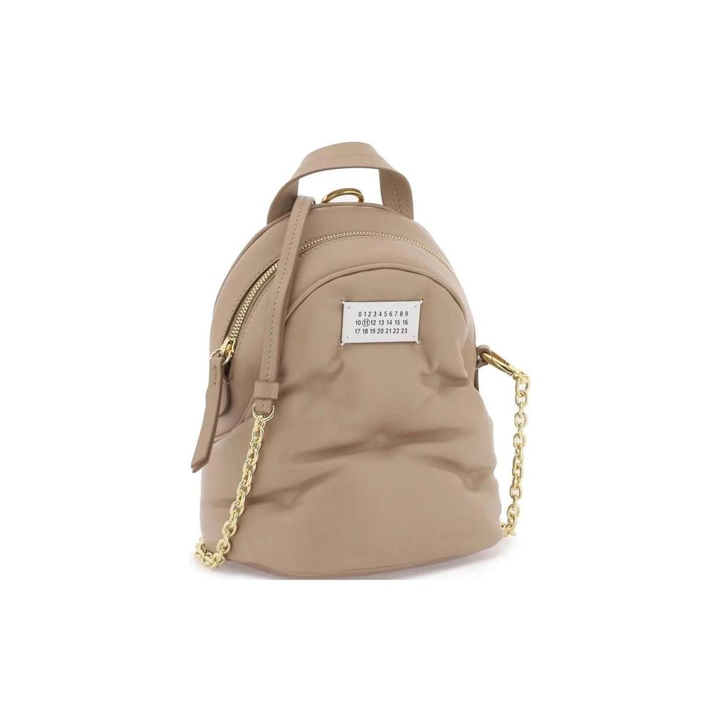 Maison Margiela Glam Slam White Logo Tag Zip Closure Ruched Napa Leather Shoulder Crossbody Bag Women bags Beige S56WA0014P4300T2070