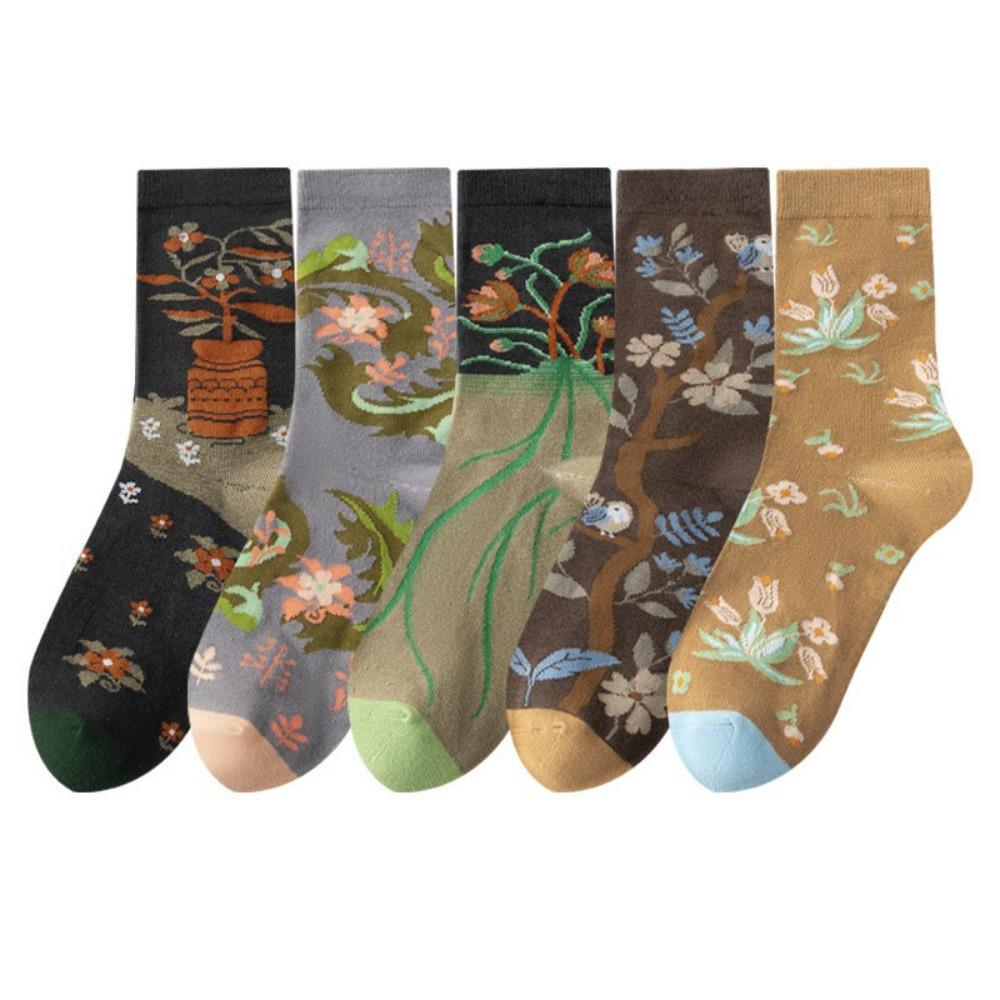 Thin Girls Mid-calf Socks Revivalism Retro Style Sock Women French Style Floral Tube Socks Female