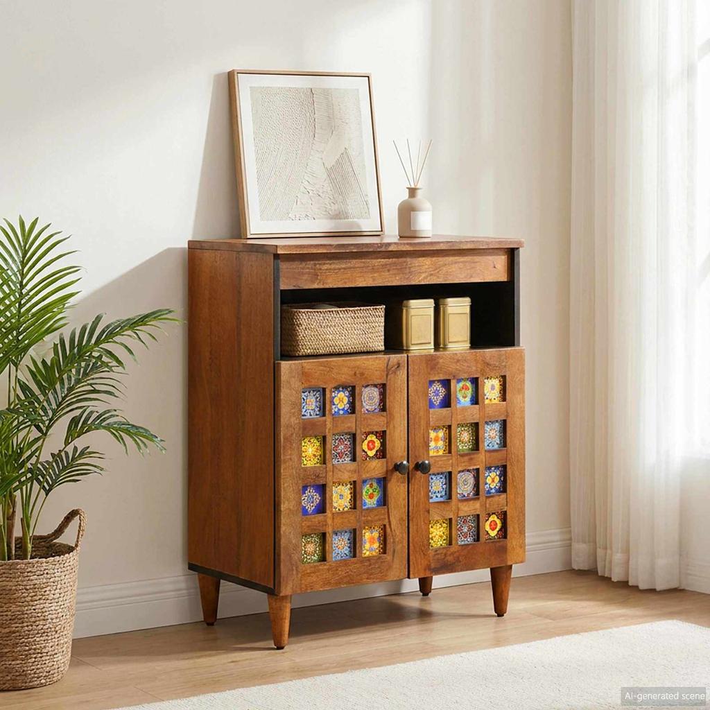 Sideboard with Storage Walnut Finish 60 X 33 X 75 Cm Solid Mango Wood