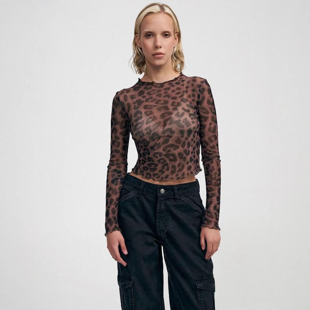Women's Sexy Leopard Print Mesh Slim-Fit Bodysuit Top for Autumn/Winter
