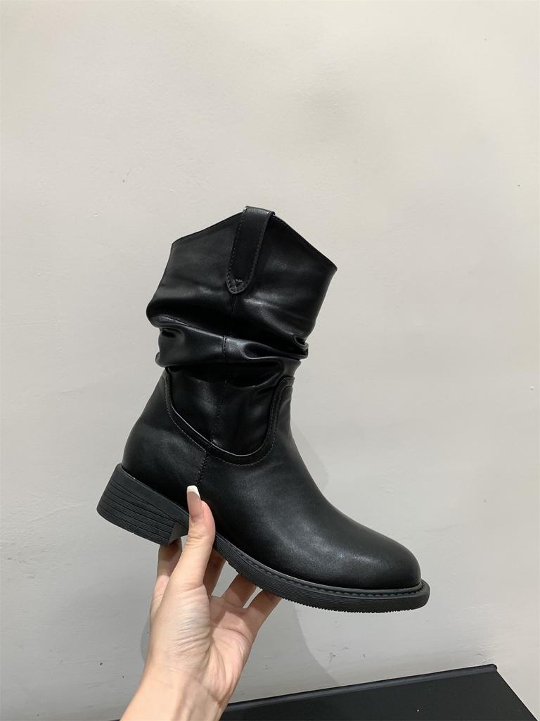 Thick-soled V-mouth Thin Medium Boots Women's Shoes Spring and Autumn Single Boots Western Cowboy Pile Short Boots Martin Boots