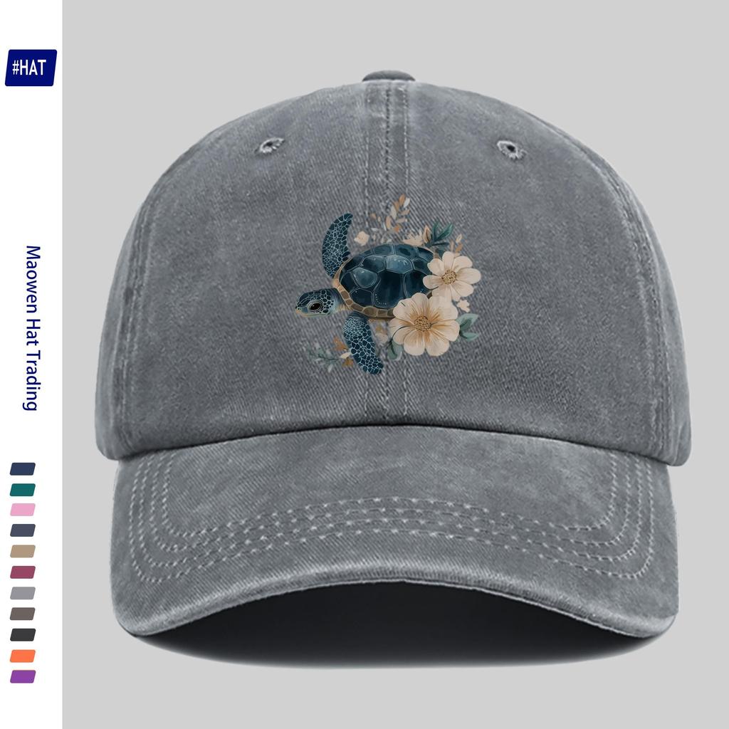 Turtle Floral Baseball Cap Washed Denim Distressed Adjustable Vintage Outdoor Sun Hat