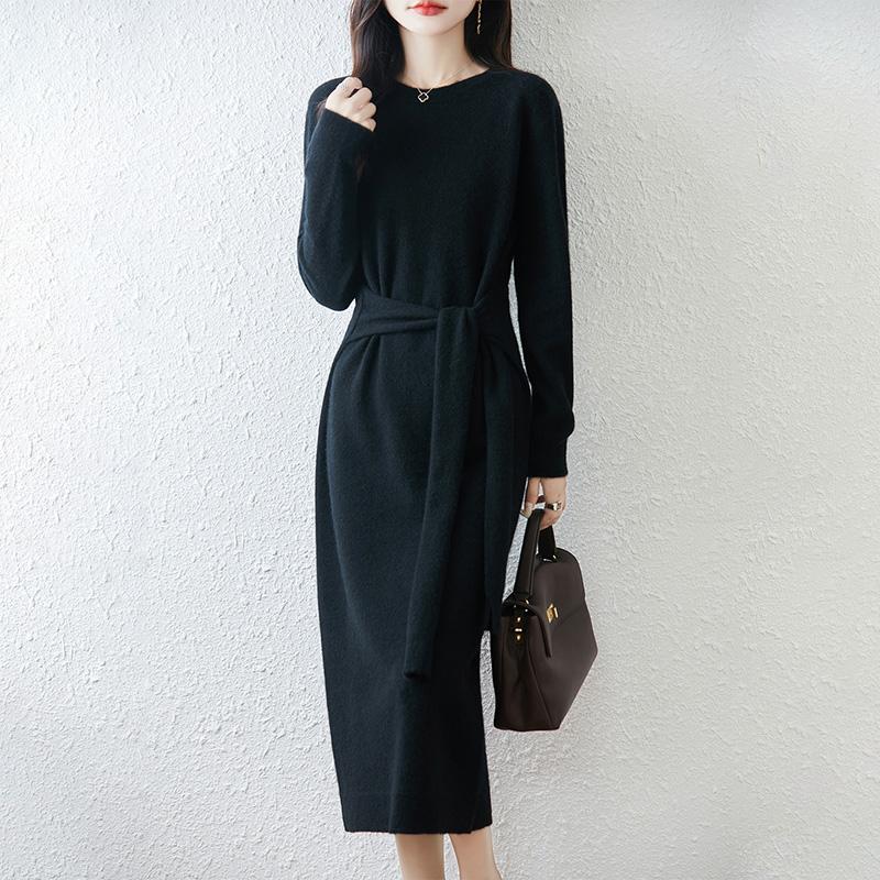 Women Sweater Dress 100% Wool TIDENOVEL O-neck Knit Long Pullover Winter Jumpers Wool Long Dress Female