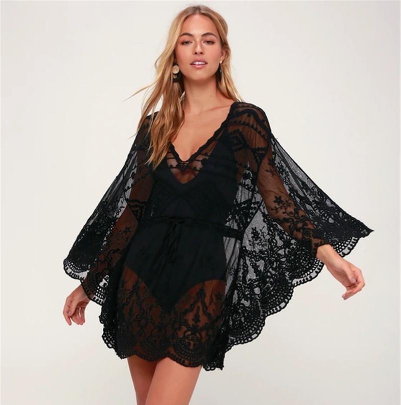 

Кружевная вышивка, кулиска на талии, пляжная туника-рубашка - Дышащая, защита от солнца One Size чёрный