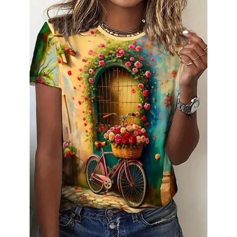 Summer Casual Style Round Neck Pullover Short Sleeved Top with 3D Floral Pattern Printed Women's T-shirts