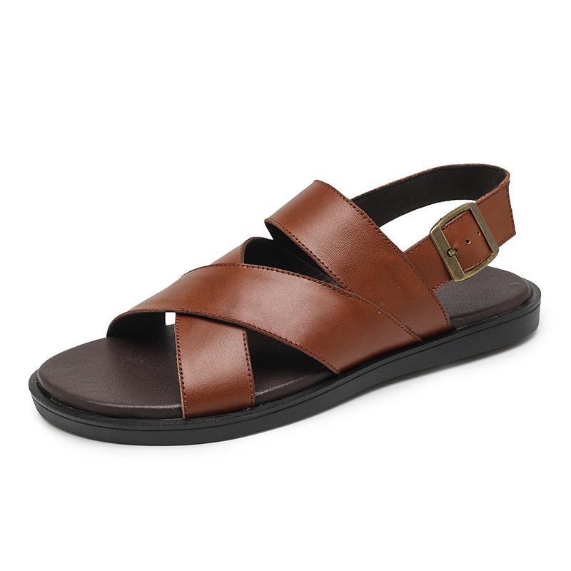 Trend Men Genuine Leather Sandals Summer Breathable Black Leather Casual Sandals Fashion Flats Lightweight Sandals Business Shoe