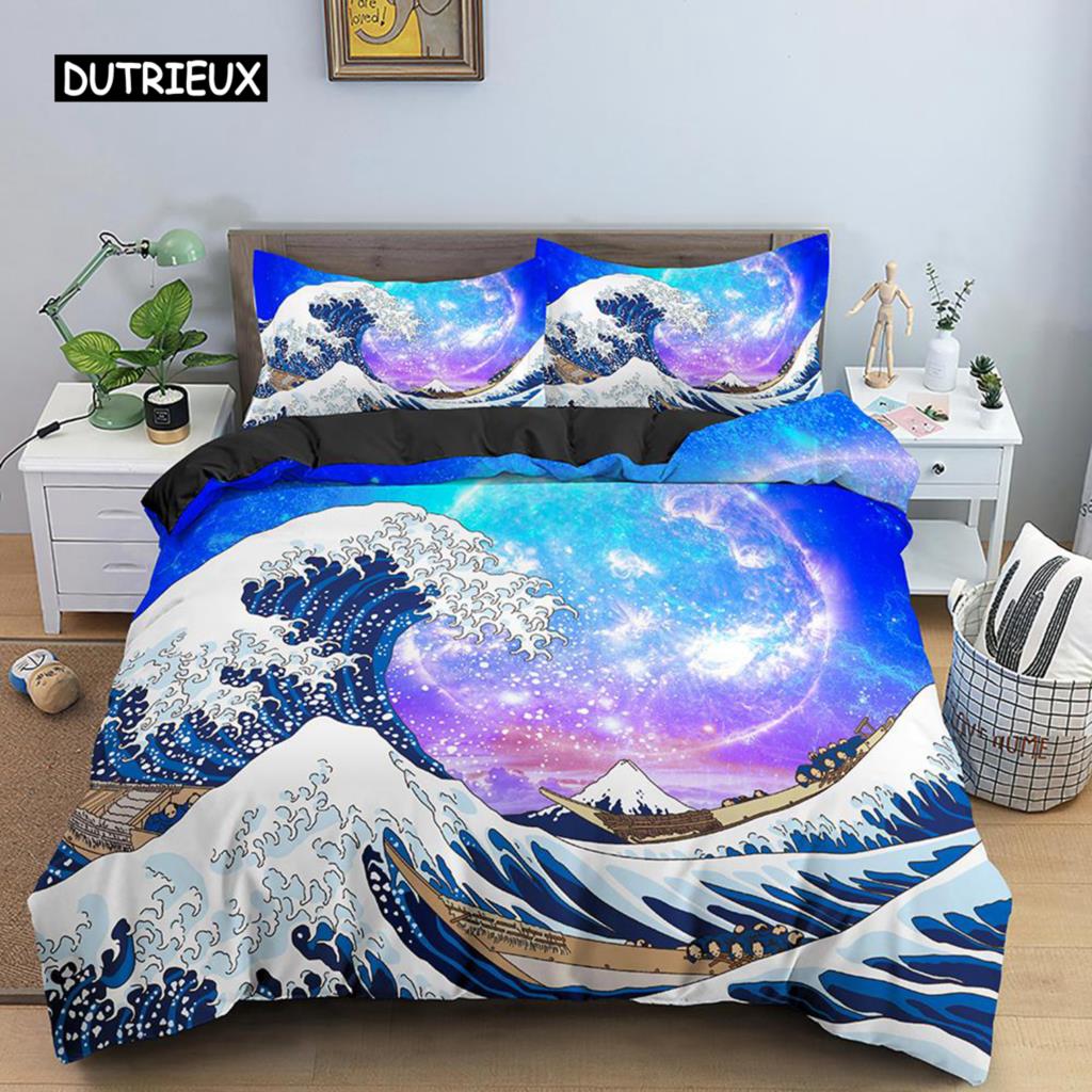 Wave Duvet Cover Set for Kids Teens Adult King Size Abstract Blue Ocean Comforter Cover Waves Sailing Moon Polyester Bedding Set