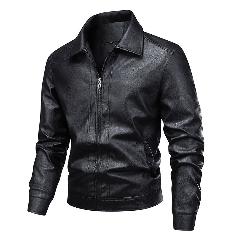 PU Leather Jacket Men's Jacket Trendy Spring and Autumn New Retro Solid Color Lapel Slim Leather Jacket Men