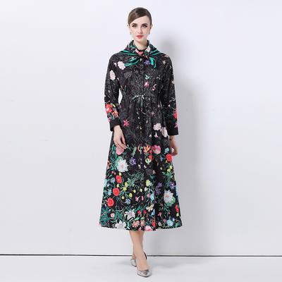 Spring Autumn Women Designer Print Runway Dress Single Breasted Oversized Loose Long Maxi Party Dresses With Scarf