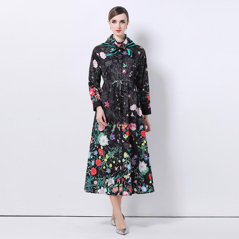 

Spring Autumn Women Designer Print Runway Dress Single Breasted Oversized Loose Long Maxi Party Dresses With scarf XXL чорний