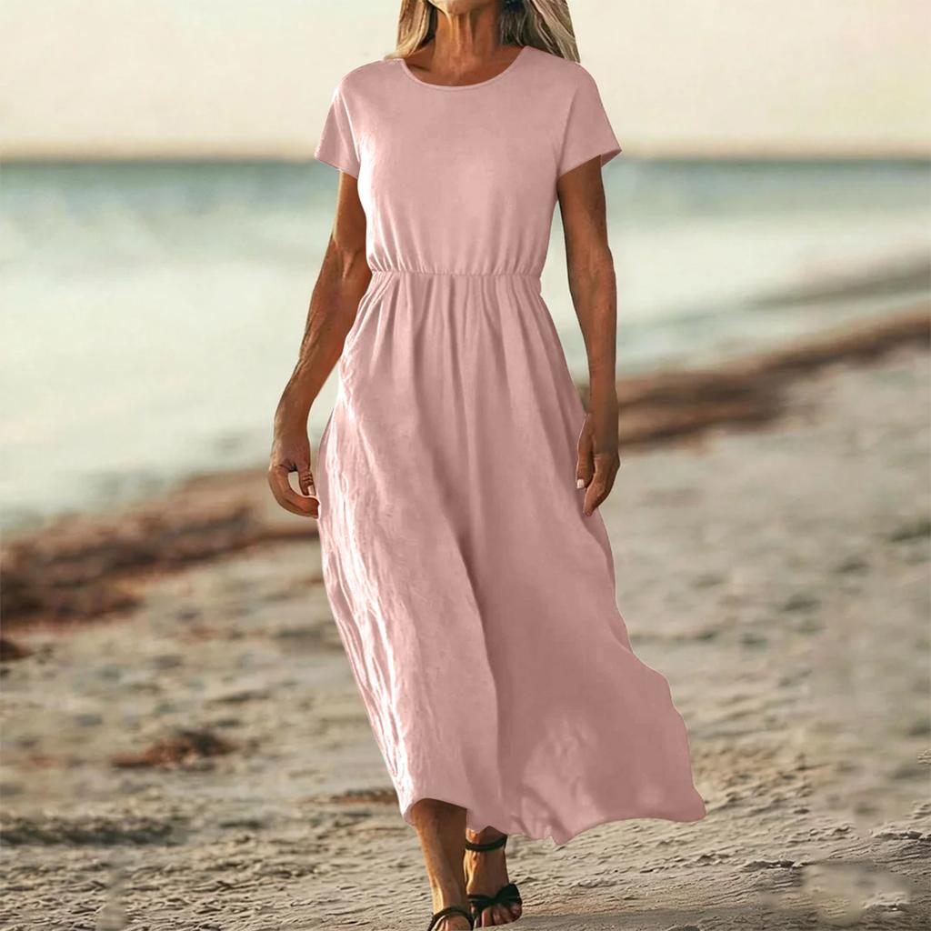 O-Neck Dress For Women Casual Comfy Cotton Linen Short Sleeve Tunic Beach Dresses With Pockets