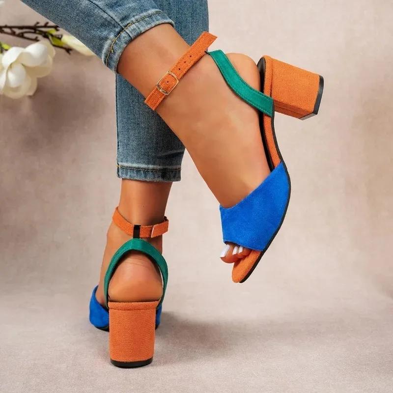 Colored Plus Size High-heeled Sandals for Women 2025 New Round Toe Fashionable Thick Heel Sandals Shoes for Women