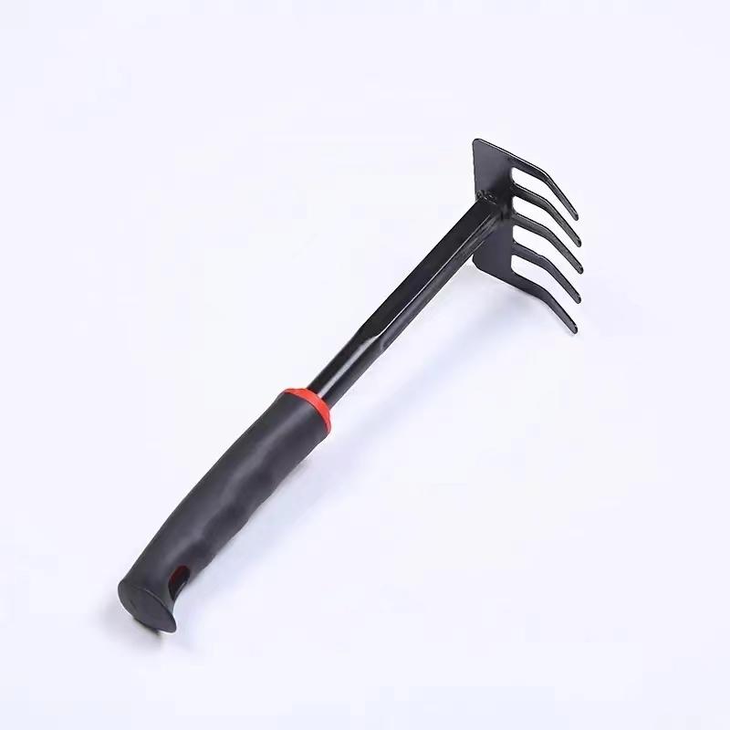 Rastrello a cinque denti con manico in gomma nera, set da quattro pezzi per giardinaggio, pala per fiori, zappa a doppio scopo, attrezzo da giardinaggio