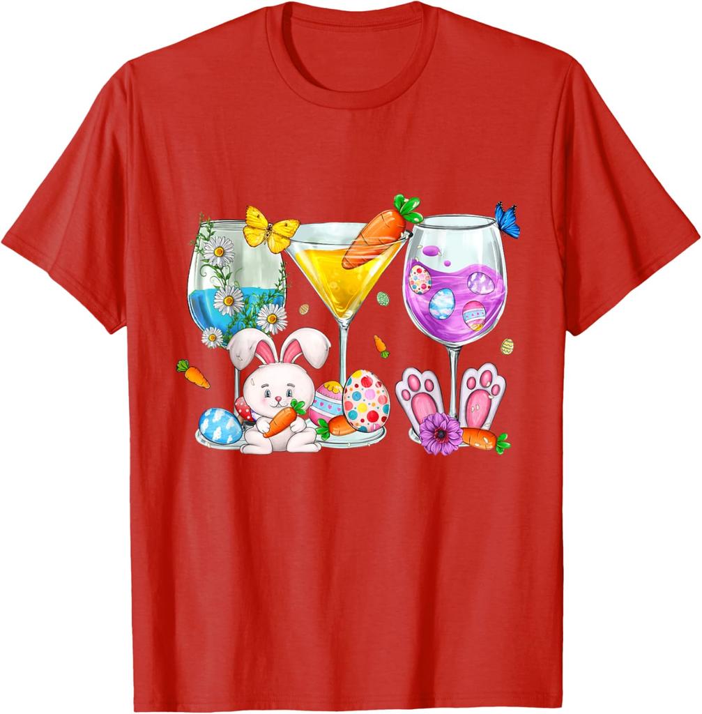 Easter Bunny Cocktail Glasses Wine Lover Martini Graphic T-Shirt Casual Daily Crew Neck Tee