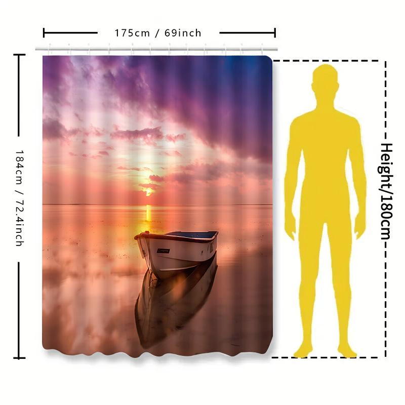 Romantic Sunset Seascape Shower Curtain Rowboat Reflection Bathroom Decor Tranquil Ocean View Colorful Sky Serene Atmosphere