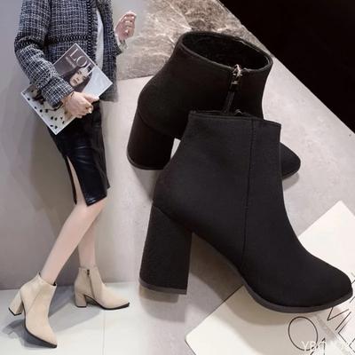 Damen Warme Stiefel Mode Mittelhoch Absatz Herbst Neuer Stil Seitenreißverschluss Wildleder Spitze Vielseitig Bequem Grober Absatz Damenschuhe