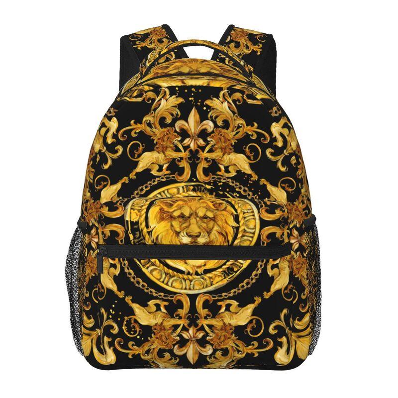 Golden Lion Baroque Pattern Backpack School Bag Lightweight Student Bookbag Unisex Laptop Daypack for Travel Hiking Camping