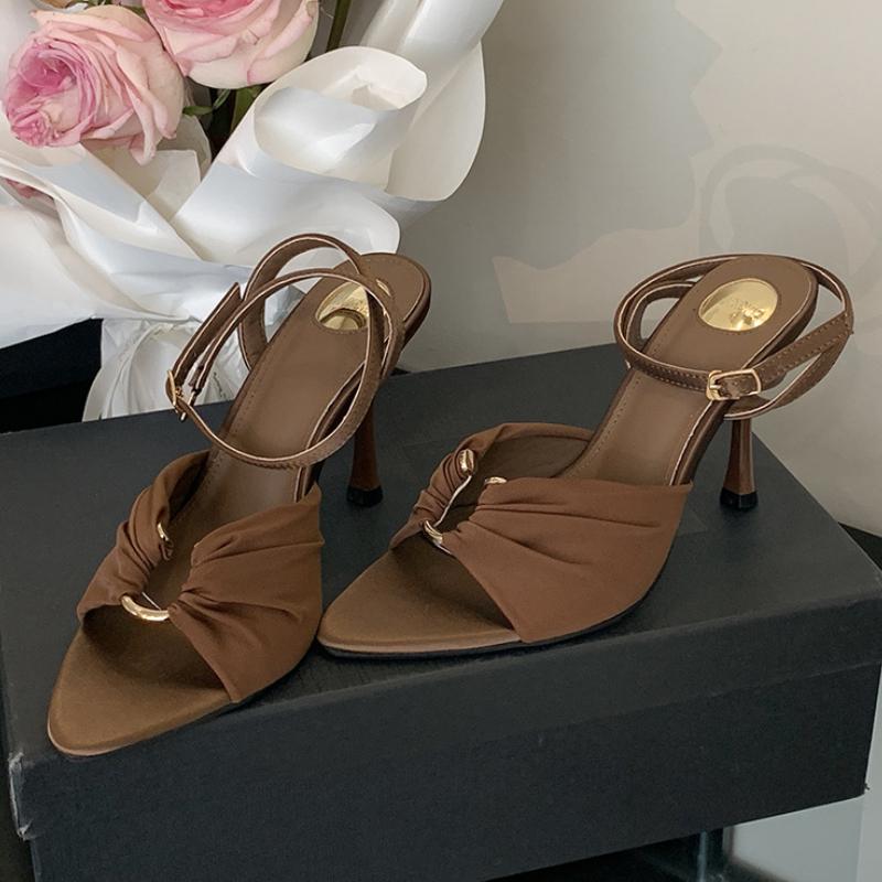 Fashion Summer Pointed Toe Thin High Heels Fashion Pleated Metal Buckle Strap Women Sandals Banquet Party Female Mules Shoes
