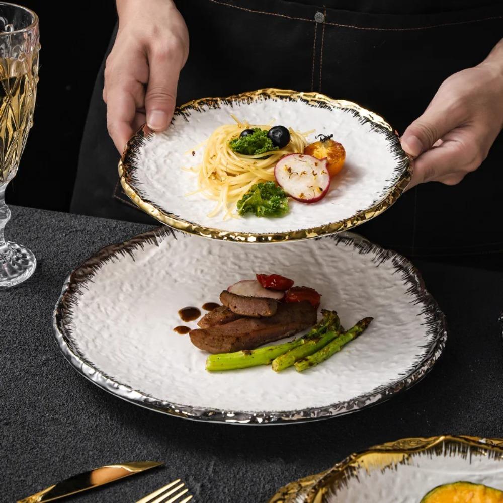 Round Ceramic Steak Plate with Stone Pattern and Gold and Silver Edge Western Restaurant Kitchen Dessert Fruit Plate Tableware