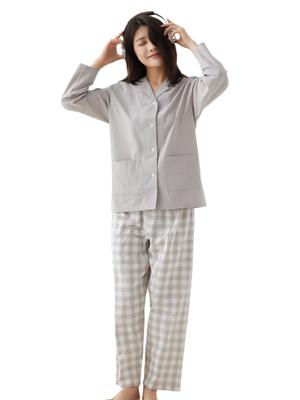 Beatgos Women's Short Sleeve Summer Pajamas, 100% Cotton, Open Front, Loungewear, Relaxing (Hikawa Ash (Long Sleeve), Size M)