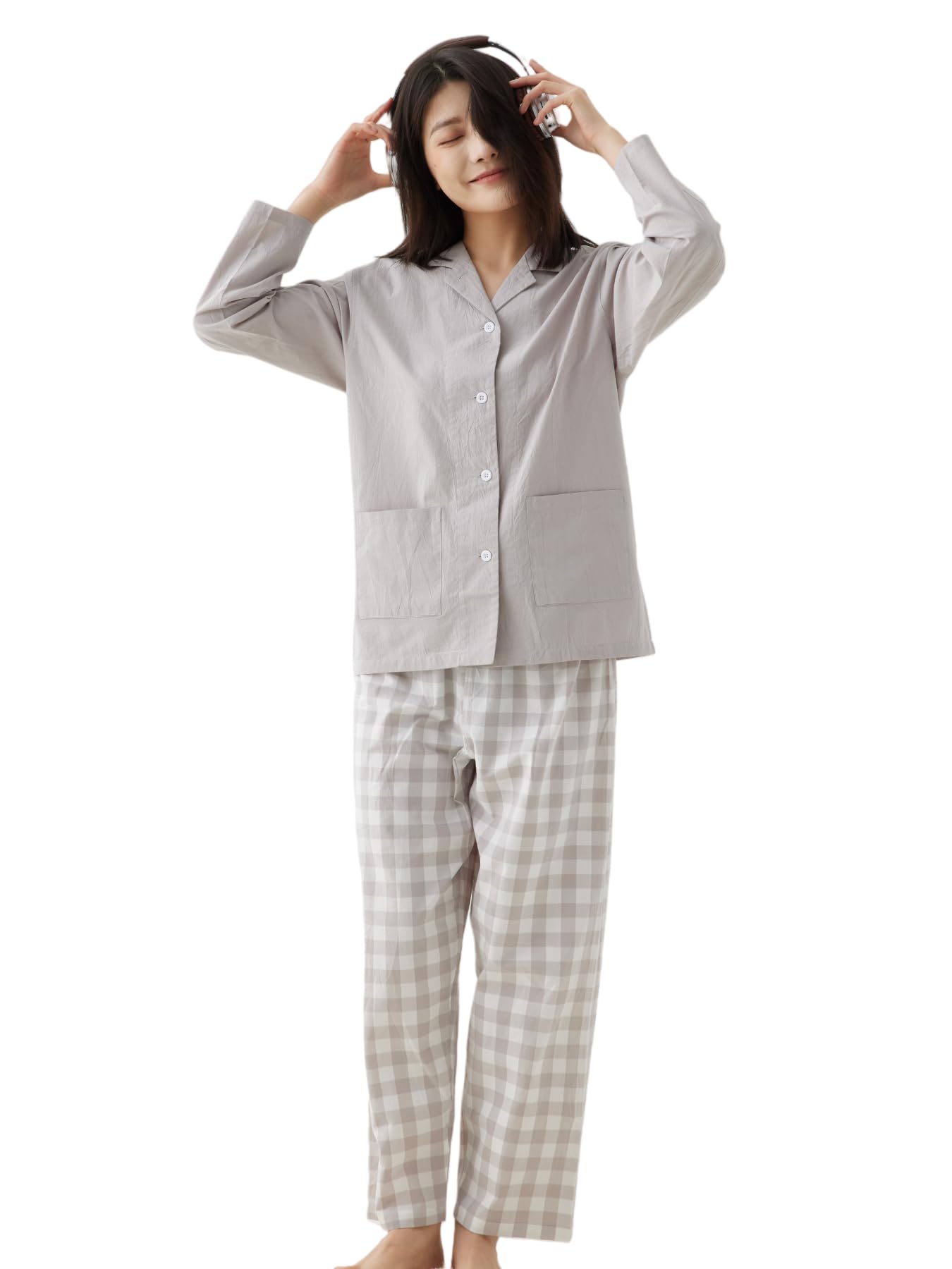 Short Front Relaxing Hai [Beatgos] Women s Pajamas, Sleeve, Summer, 100% Cotton, Opening, Loungewear, (Hikawa (Long Sleeve), L)