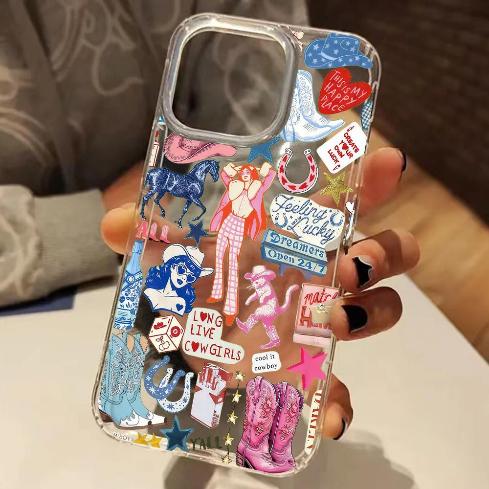 Cowgirl Und Western Sticker Collage Klare Handyhülle Für iPhone 11 12 13 14 15 16 17 Pro Max Plus XS X XR Silikon Weiche Hülle