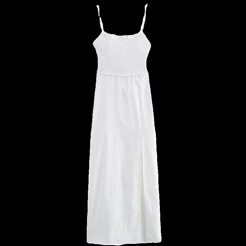 2024 Summer New Honeycomb Plaid Stretch Chest Linen Blended Split White Suspender Dress 3194729