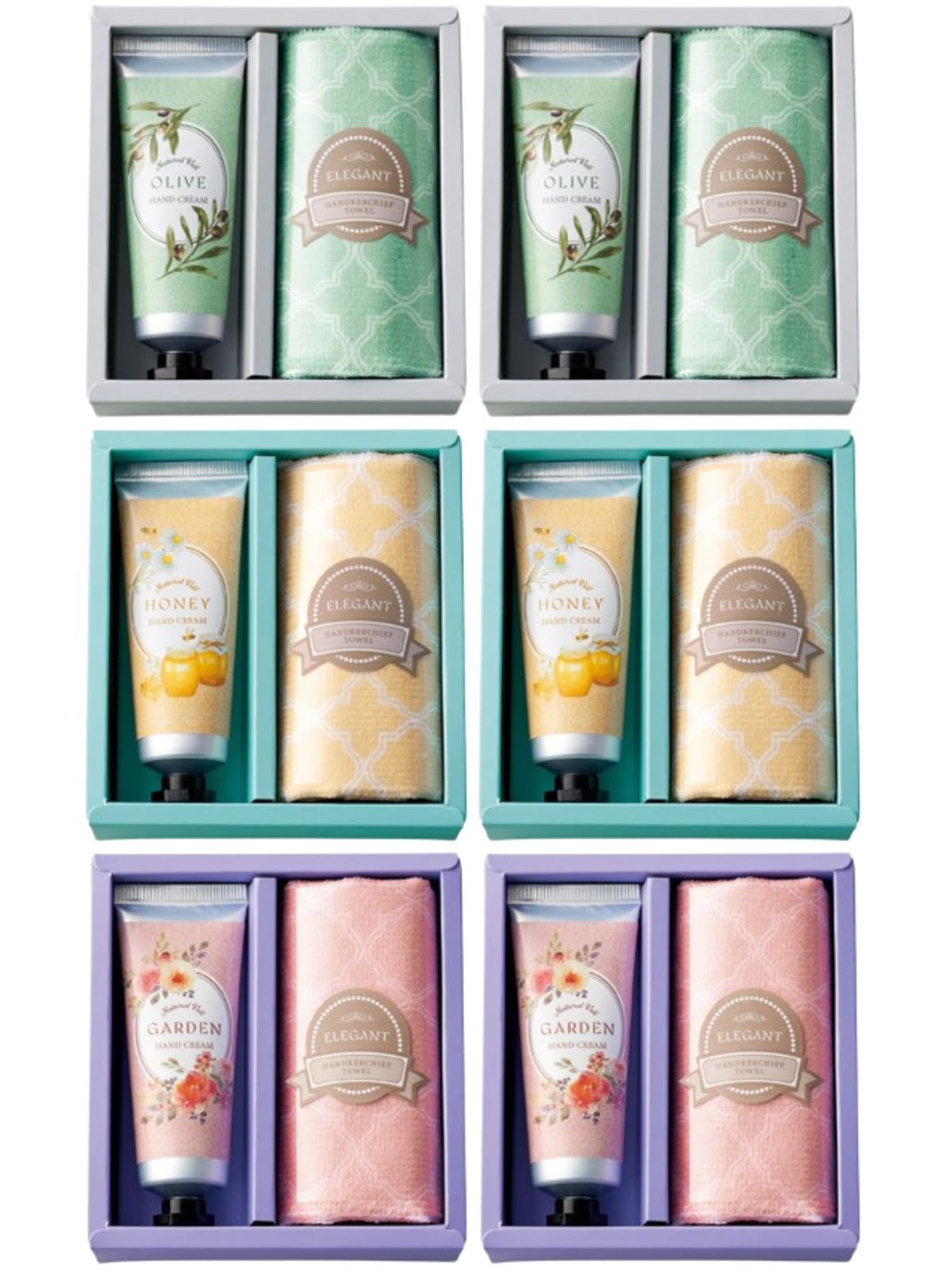 

Set of 6 Marutatsu Label Hand Cream Handkerchief Towel Assortment in Garden Olive and Honey A popular small gift for perfect as a birthday