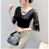Summer European Clothes New Sexy V-neck Mesh T-shirt Hot Diamonds Women's Tops Fashion Flare Sleeve Tees