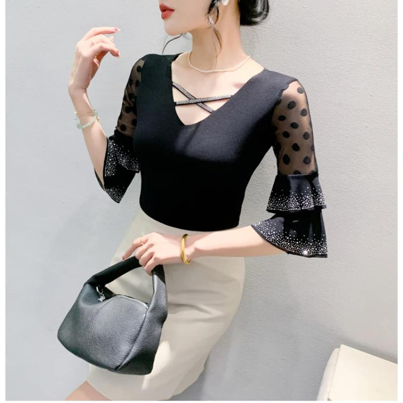 Summer European Clothes New Sexy V-neck Mesh T-shirt Hot Diamonds Women's Tops Fashion Flare Sleeve Tees