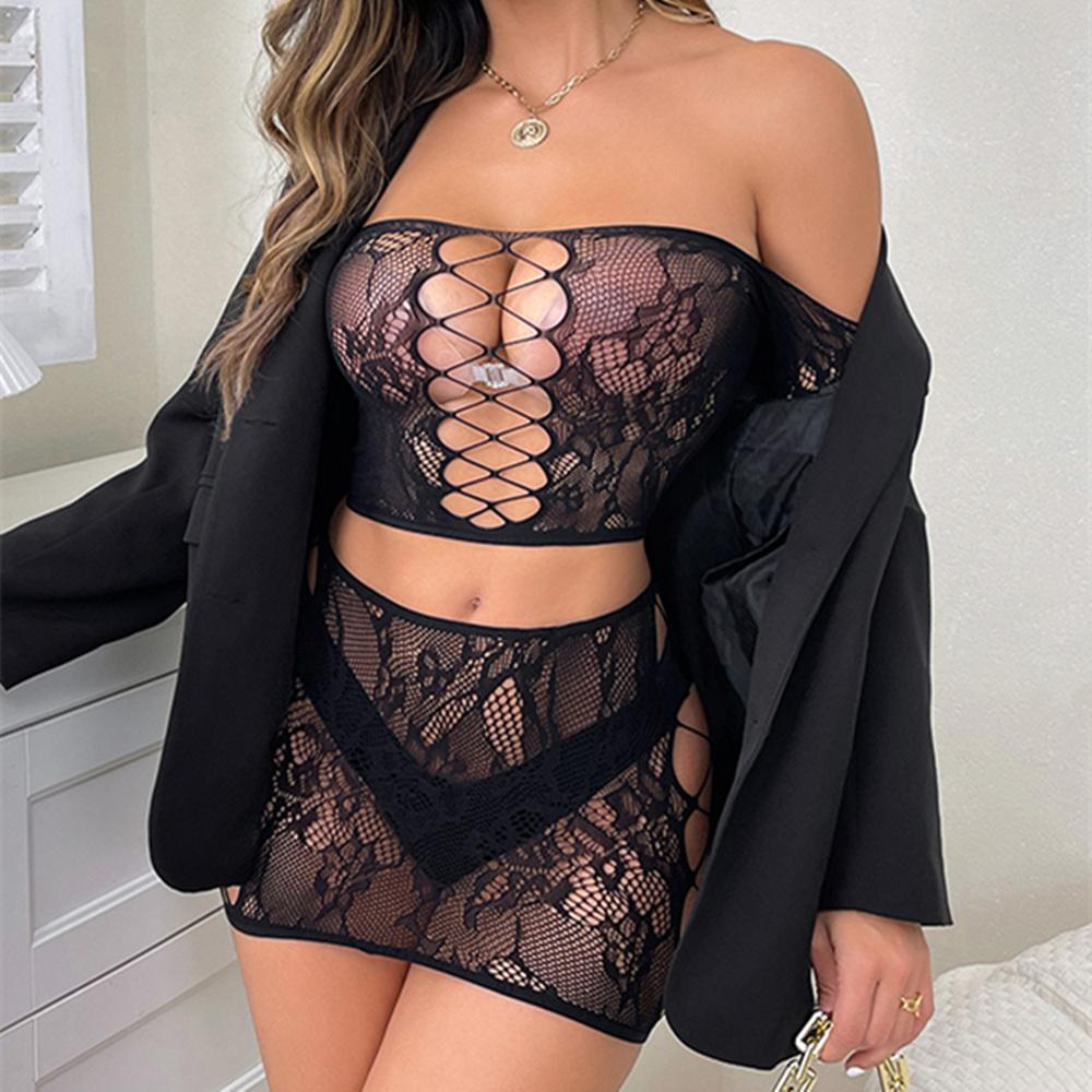 Sexy Lingerie Set Two-Piece Dress Women Fishnet See Through Underwear Transparent Open Strapless Erotic Body Stocking