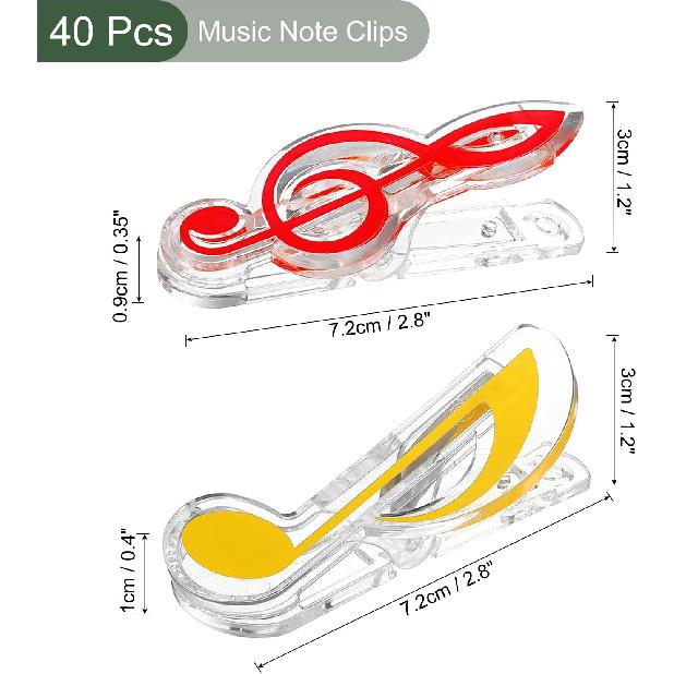 YOKIVE 40 Pcs Music Note Clips, Plastic Music Book Clip, Decoration and Marking, Great for Office/Piano Room (5 Colors, 2.8 x 1.2 Inch)