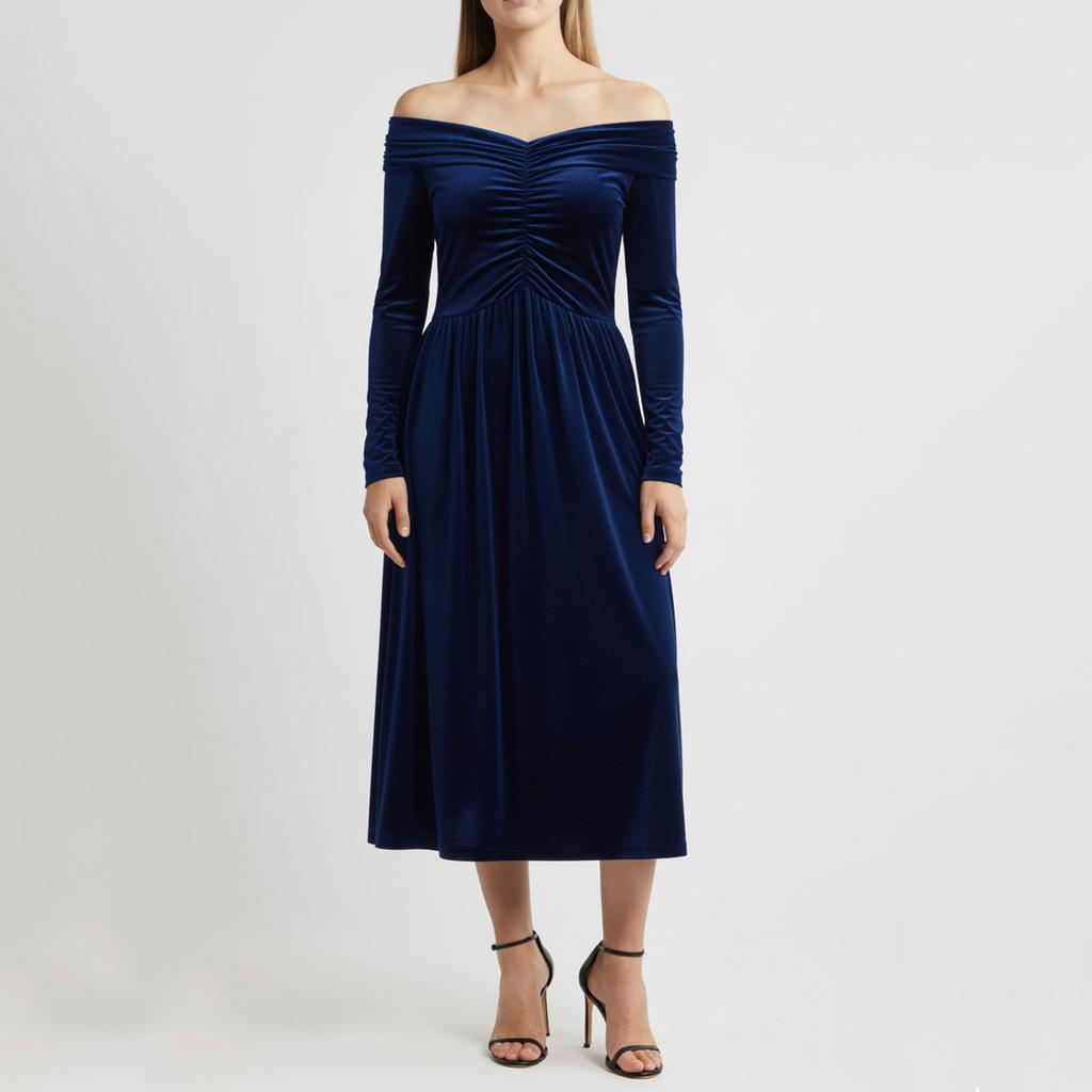 Damenmode Lässiges Samtkleid Einfarbig Elegant Hochtailliert Slim Langarm Schulterfrei Langes Kleid