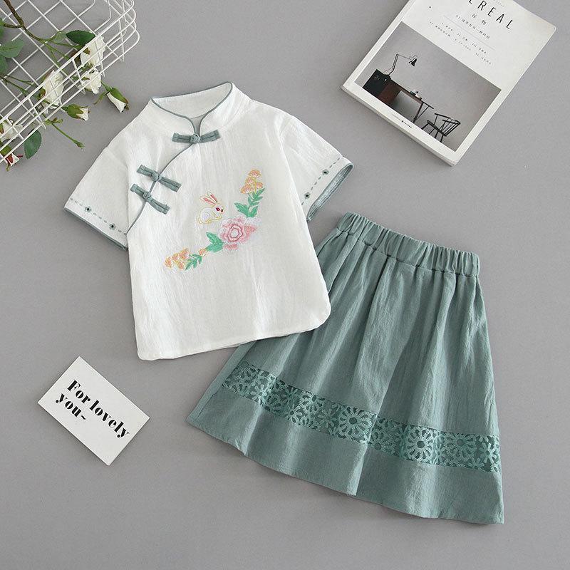 Kız Çocuk Yabancı Stil Retro Çin Stili Hanbok Takımı Küçük Kız Çiğsam Yarım Etek Yaz İki Parça Takım