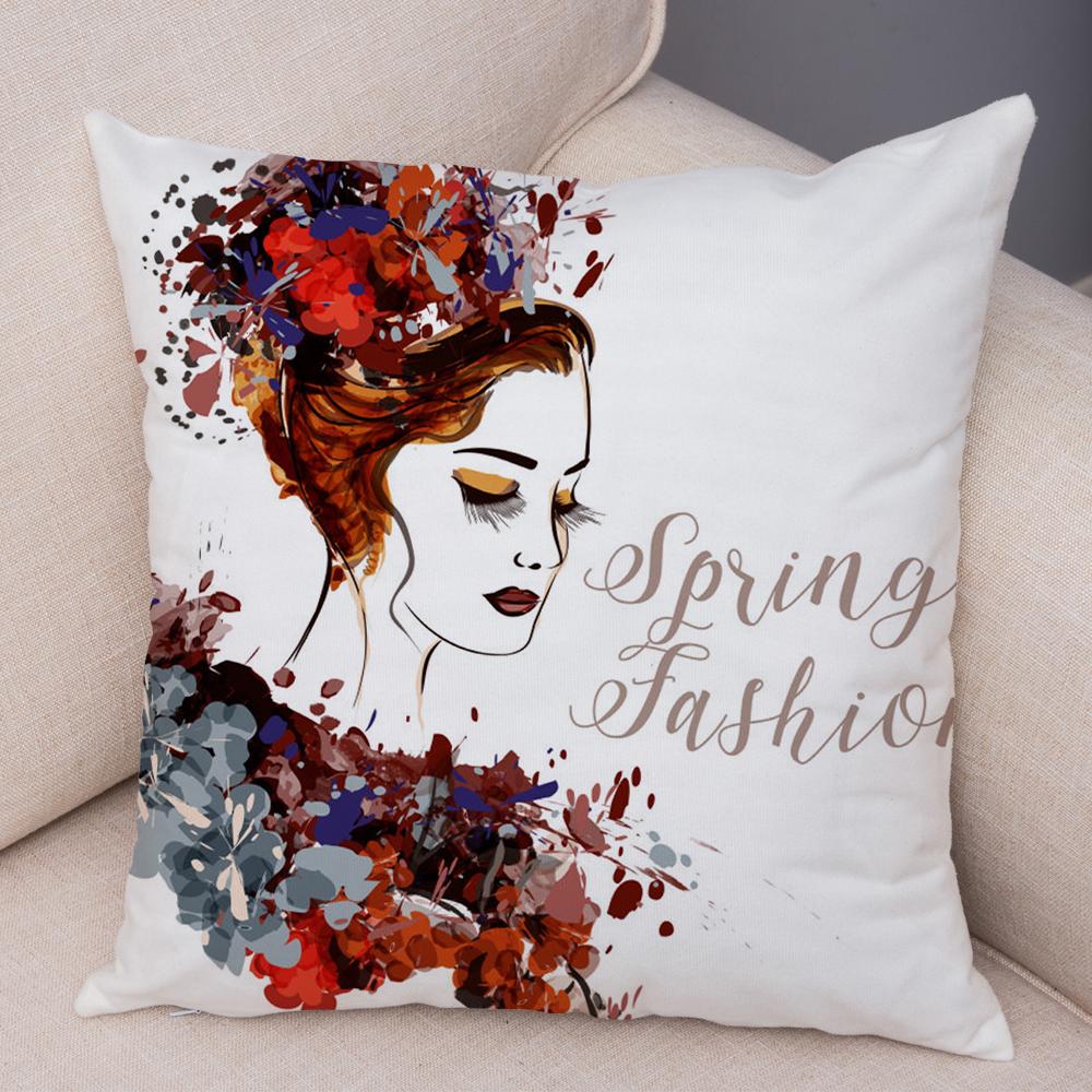 Boho Woman Art Pillowcase Double Print Fashion Lady Cushion Cover Soft Plush Portrait Pillowcase Bedroom Decor