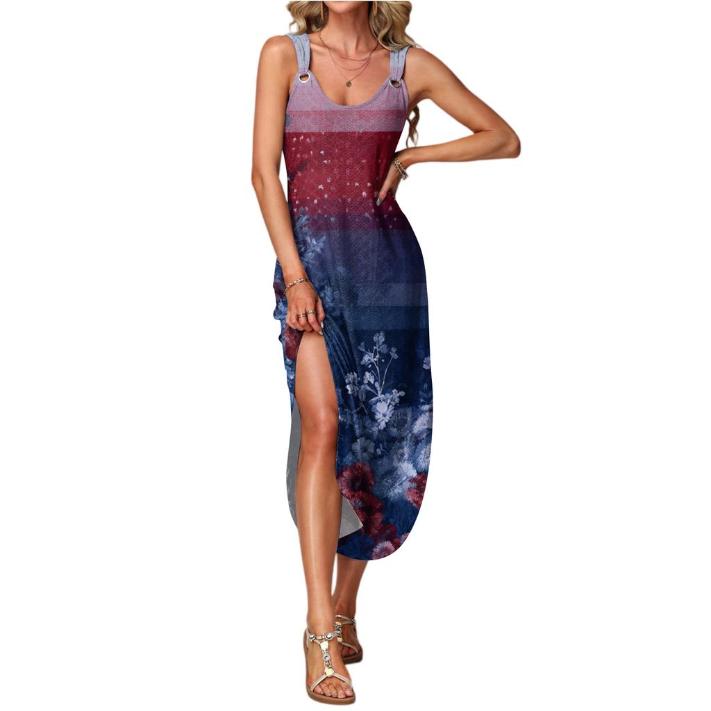 Patriotic Vintage Dress for Women Sleeveless T Shirt Dresses Floral Summer Beach Trendy Long Dress with Pockets