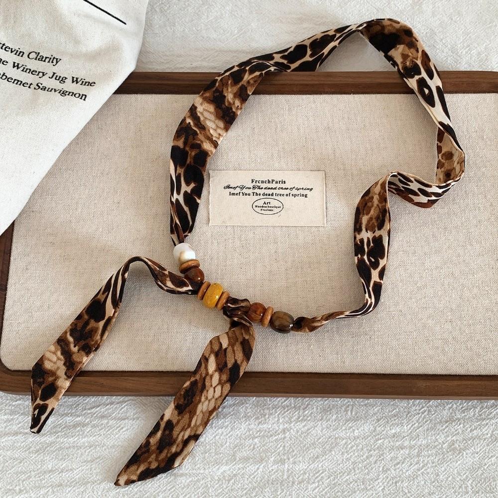 Print Pattern Beaded Scarf Leopard Print Sweater Chain Elegant Scarf Necklace  Women