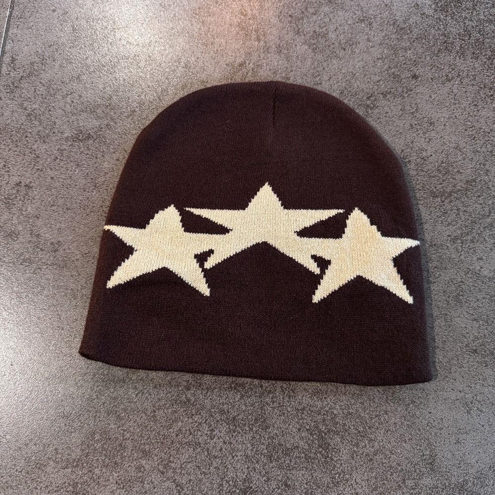 Star Print Knitted Beanie Hat Windproof Pentagram Beanie Hat Niche Y2K Style Cap  Unisex Daily Wear