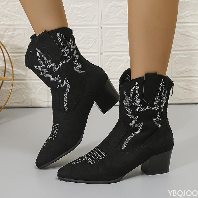 Fashion Embroidered boots for women in plus size thick heel retro ethnic style comfortable versatile anti slip temperament women's shoes