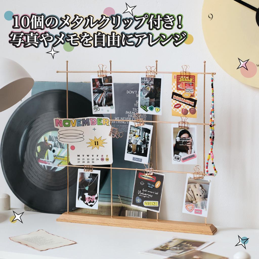 Welcome Space Freestanding Wire Board, Memo Board, Photo Frame, Scandinavian-Style Decor, Wedding, with 10 Clips, Champagne Gold, 36x36cm