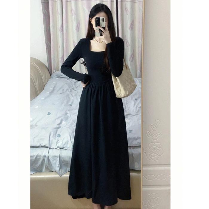 

Women s Long Sleeve Black Square Neck Dress - Hepburn Style, Autumn 2026 Collection, High-End Feel, Perfect for Spring and Fall. L чёрный