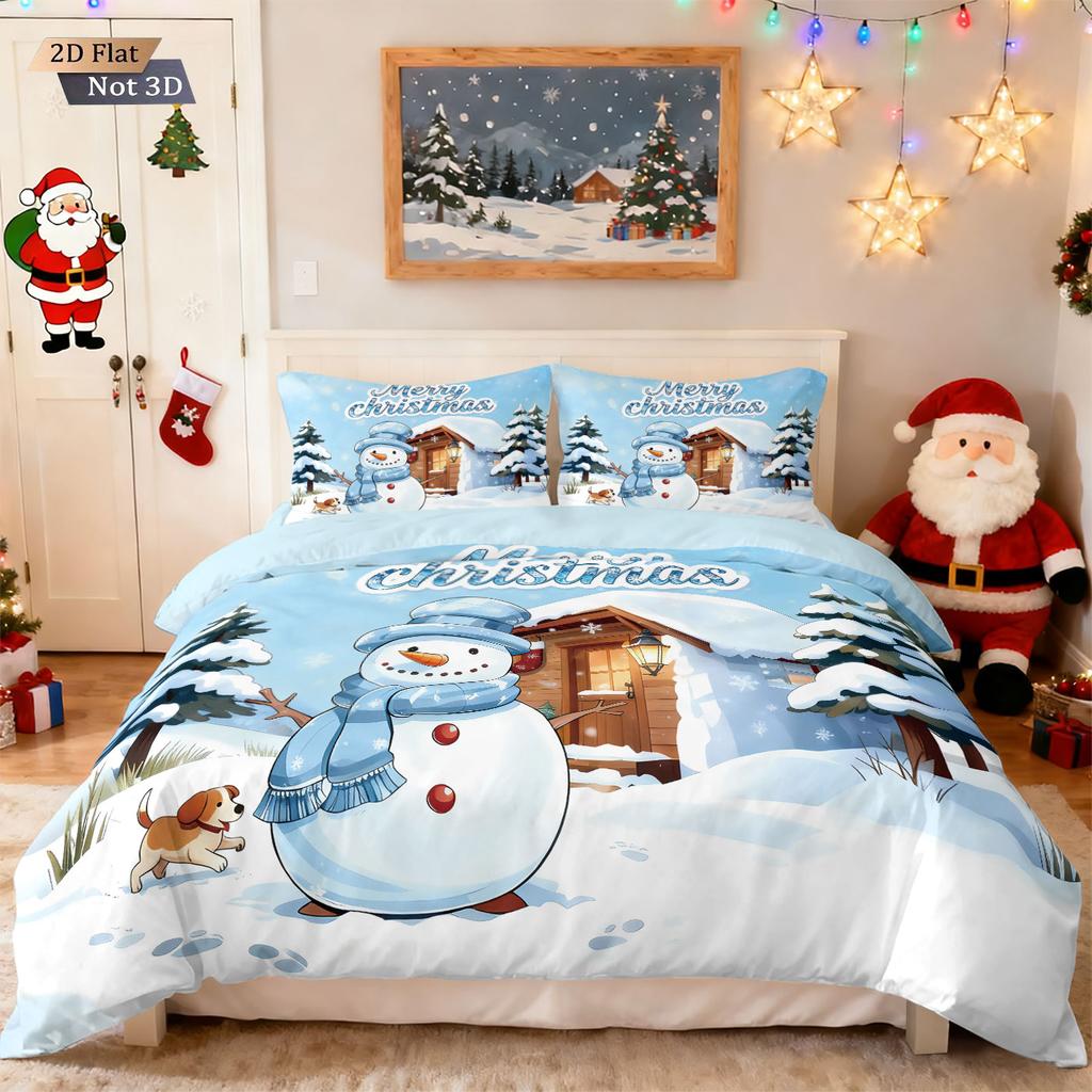 3pcs Merry Christmas Snowman Print Coreless Duvet Cover Set Multi Size Dormitory Bedding Holiday Decoration Machine Washable
