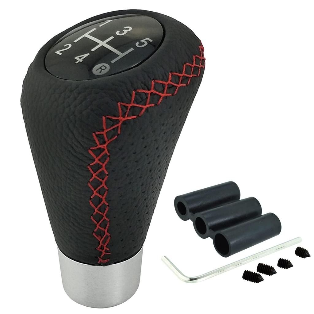 Lunsom 5 Speed Shift Knob PU Leather Car Gear Shift Lever Shift Knob Replacement for Manual Car (Red Stitch)
