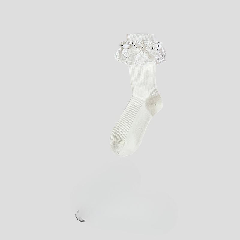 Polka Dot Socks, Women's Spring and Autumn Mid-calf Socks, Vertical Striped Lace Cotton Socks, Boneless Long Socks