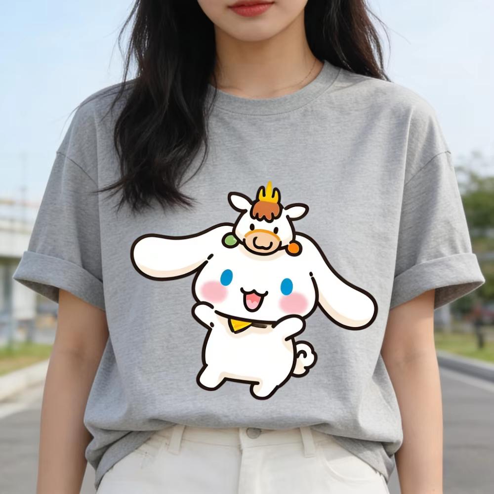 2026 Koszulka Cinnamoroll miękka bawełna krótki rękaw okrągły dekolt uroczy nadruk lekka letnia bluzka dla kobiet codzienne casualowe ubranie