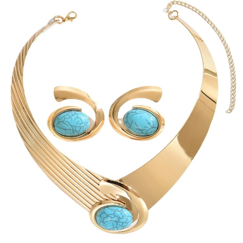 

Versatile Geometric Jewelry with Oval Stone Gold Color Necklace Earrings Set Geometry Accessories For Stylish Women