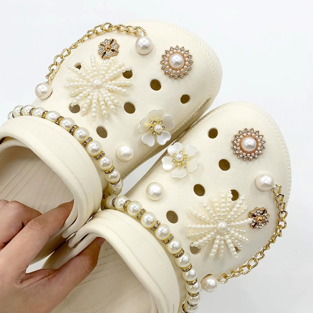 14 Pcs Set Elegant Pearls Chain Shoe Charms Accessories Women DIY Shoe Buckle Decorations for Sandals Beach Clogs Garden Shoes